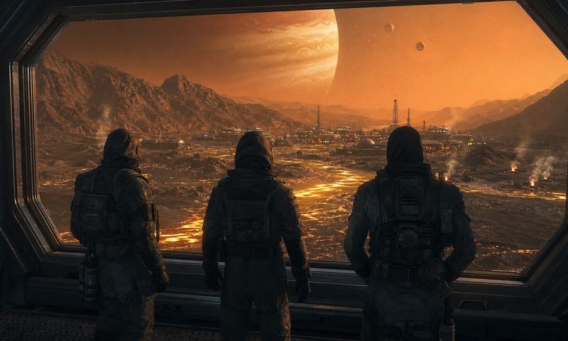 Silhouetted pioneers looking out at a living frontier world